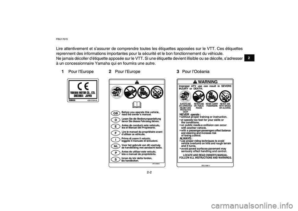 YAMAHA YFZ450 2008 Notices Demploi (in French)
2-2
12
3
4
5
6
7
8
9
10
11
FBU17670
Lire attentivement et s’assurer de comprendre toutes les étiquettes apposées sur le VTT. Ces étiquettes
reprennent des informations importantes pour la s YAMAHA YFZ450 2008 Notices Demploi (in French)
2-2
12
3
4
5
6
7
8
9
10
11
FBU17670
Lire attentivement et s’assurer de comprendre toutes les étiquettes apposées sur le VTT. Ces étiquettes
reprennent des informations importantes pour la s