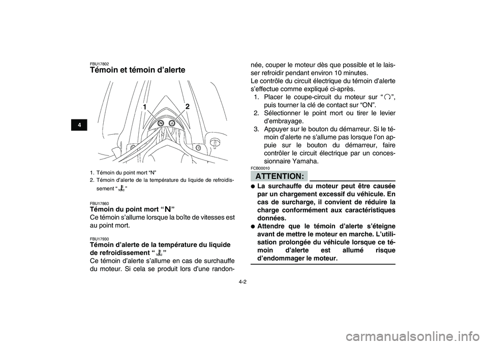 YAMAHA YFZ450 2008 Notices Demploi (in French)
4-2
1
2
34
5
6
7
8
9
10
11
FBU17802
Témoin et témoin d’alerte
FBU17860
Témoin du point mort “”
Ce témoin s’allume lorsque la boîte de vitesses est
au point mort.
FBU17930
Té YAMAHA YFZ450 2008 Notices Demploi (in French)
4-2
1
2
34
5
6
7
8
9
10
11
FBU17802
Témoin et témoin d’alerte
FBU17860
Témoin du point mort “”
Ce témoin s’allume lorsque la boîte de vitesses est
au point mort.
FBU17930
Té