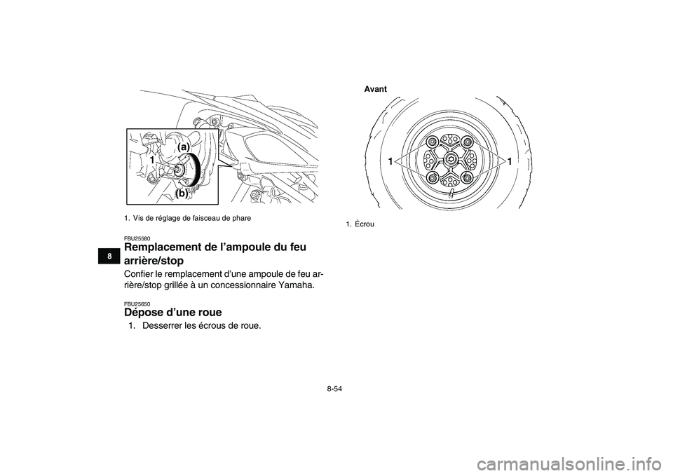YAMAHA YFZ450 2007  Notices Demploi (in French)  
8-54 
1
2
3
4
5
6
78
9
10
11
 
FBU25580 
Remplacement de l’ampoule du feu 
arrière/stop  
Confier le remplacement d’une ampoule de feu ar-
rière/stop grillée à un concessionnaire Yamaha. 
FB