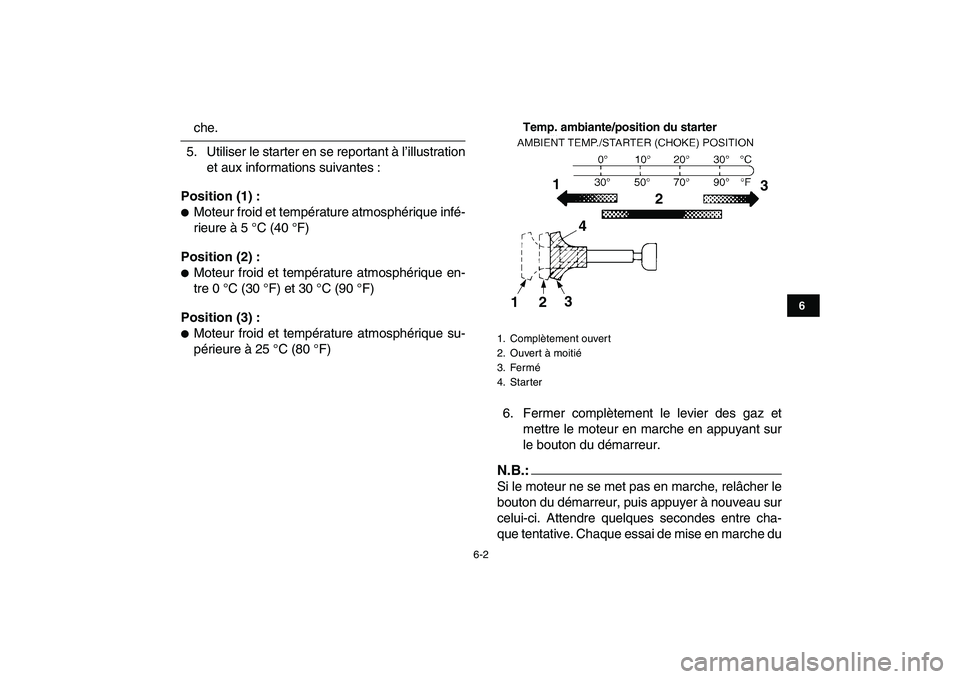 YAMAHA YFZ450 2007  Notices Demploi (in French)  
6-2 
1
2
3
4
56
7
8
9
10
11
 
che.
5. Utiliser le starter en se reportant à l’illustration
et aux informations suivantes : 
Position (1) : 
 
Moteur froid et température atmosphérique infé-
r