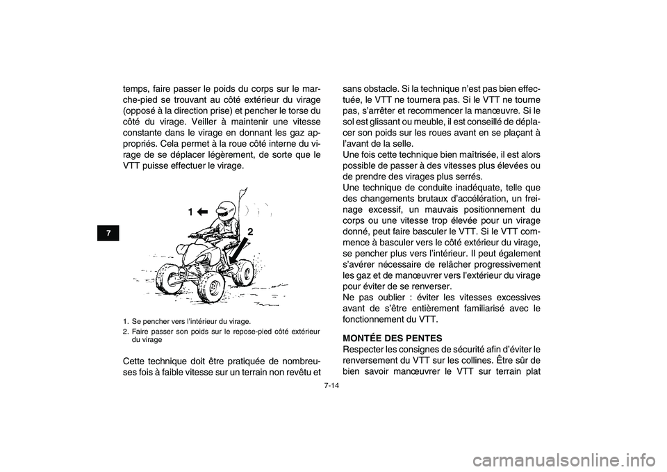 YAMAHA YFZ450 2007 Notices Demploi (in French)
7-14
1
2
3
4
5
67
8
9
10
11
temps, faire passer le poids du corps sur le mar-
che-pied se trouvant au côté extérieur du virage
(opposé à la direction prise) et pencher le torse du
côté du YAMAHA YFZ450 2007 Notices Demploi (in French)
7-14
1
2
3
4
5
67
8
9
10
11
temps, faire passer le poids du corps sur le mar-
che-pied se trouvant au côté extérieur du virage
(opposé à la direction prise) et pencher le torse du
côté du