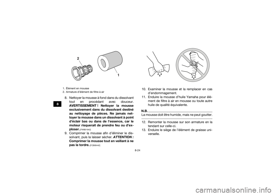 YAMAHA YFZ450R 2014  Notices Demploi (in French) 8-24
88. Nettoyer la mousse à fond dans du dissolvant
tout en procédant avec douceur.
AVERTISSEMENT ! Nettoyer la mousse
exclusivement dans du dissolvant destiné
au nettoyage de pièces. Ne jamais 