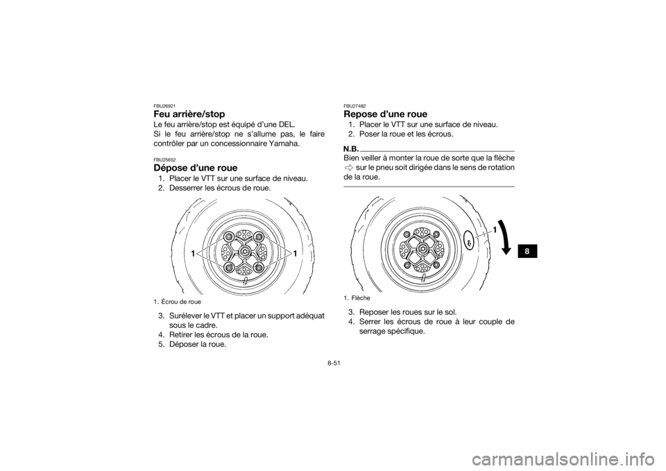 YAMAHA YFZ450R 2014  Notices Demploi (in French) 8-51
8
FBU26921Feu arrière/stopLe feu arrière/stop est équipé d’une DEL.
Si le feu arrière/stop ne s’allume pas, le faire
contrôler par un concessionnaire Yamaha.FBU25652Dépose d’une roue