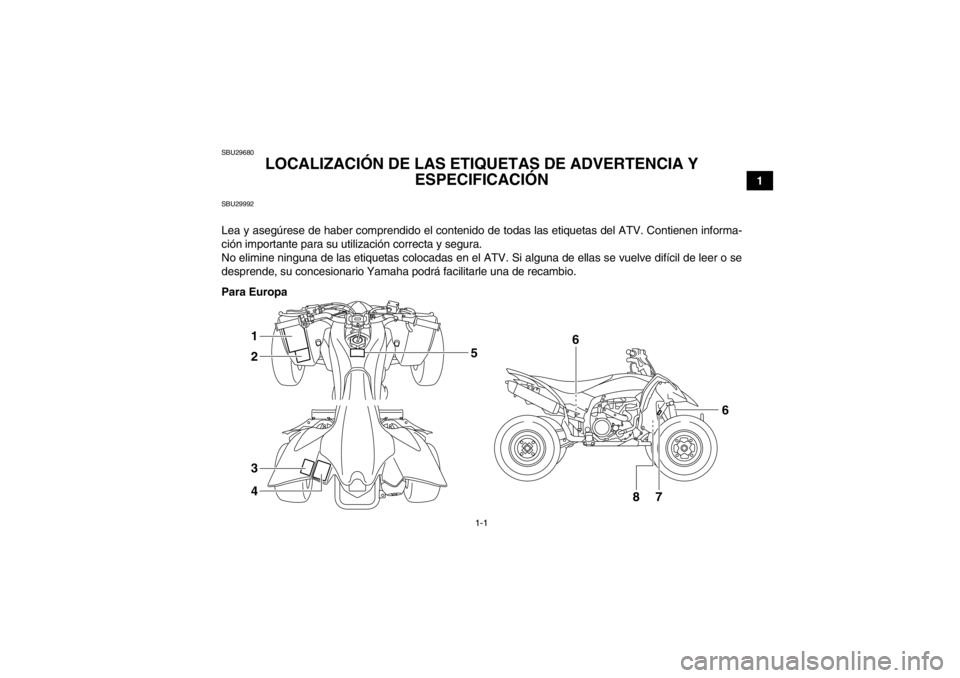 YAMAHA YFZ450R 2013  Manuale de Empleo (in Spanish) 1-1
1
SBU29680
LOCALIZACIÓN DE LAS ETIQUETAS DE ADVERTENCIA Y 
ESPECIFICACIÓN 
SBU29992Lea y asegúrese de haber comprendido el contenido de todas las etiquetas del ATV. Contienen informa-
ción imp