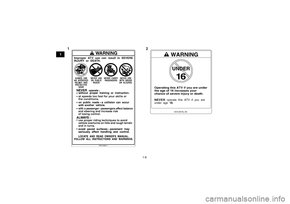 YAMAHA YFZ450R 2013  Manuale de Empleo (in Spanish) 1-8
1
12U18P67S0.book  Page 8  Wednesday, May 9, 2012  8:48 AM 