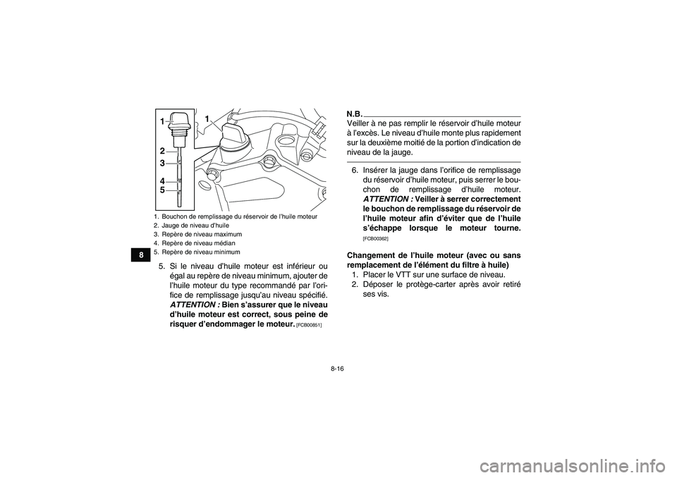 YAMAHA YFZ450R 2001 Notices Demploi (in French) 8-16
8
5. Si le niveau d’huile moteur est inférieur ou
égal au repère de niveau minimum, ajouter de
l’huile moteur du type recommandé par l’ori-
fice de remplissage jusqu’au niveau spécif YAMAHA YFZ450R 2001 Notices Demploi (in French) 8-16
8
5. Si le niveau d’huile moteur est inférieur ou
égal au repère de niveau minimum, ajouter de
l’huile moteur du type recommandé par l’ori-
fice de remplissage jusqu’au niveau spécif