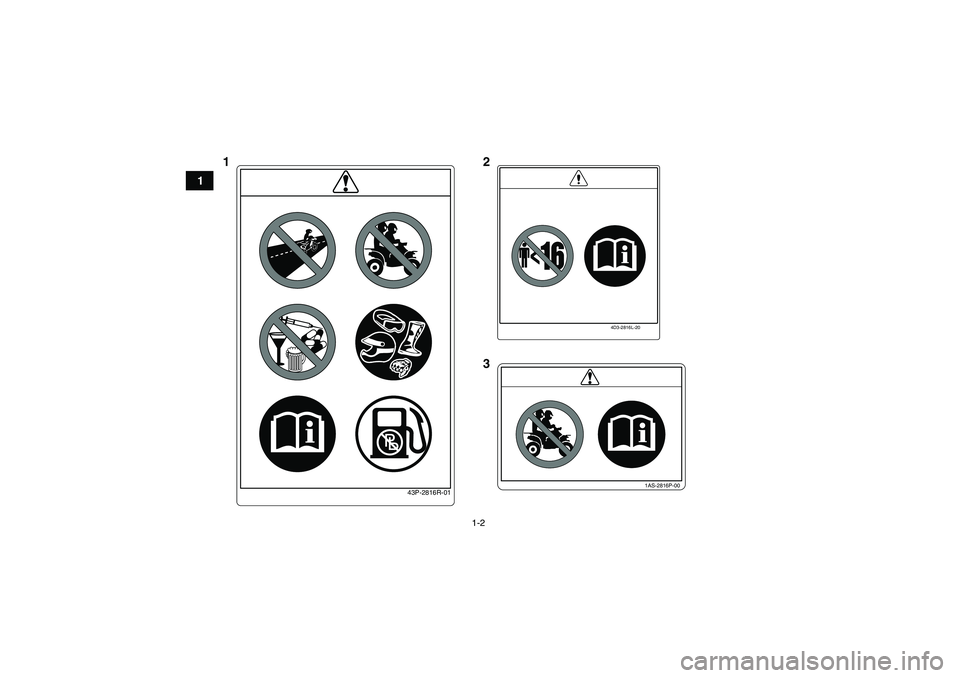 YAMAHA YFZ450R 2001  Notices Demploi (in French) 1-2
1
4D3-2816L-20
1AS-2816P-00
43P-2816R-01
12
3U18P64F0.book  Page 2  Thursday, May 13, 2010  3:48 PM 