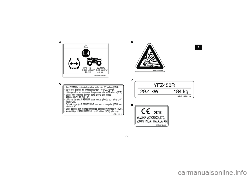 YAMAHA YFZ450R 2001  Notices Demploi (in French) 1-3
1
  27.5 kPa
0.275 kgf/cm²
    4.0 psi  30.0 kPa
 0.30 kgf/cm²
   4.4 psi
5D3-2816M-M0
5TG-2415E-00
Use
PREMIUM unleaded  gasoline with min. 97 octane (RON).
Nur Super  Bleifrei mit Mindestoktan