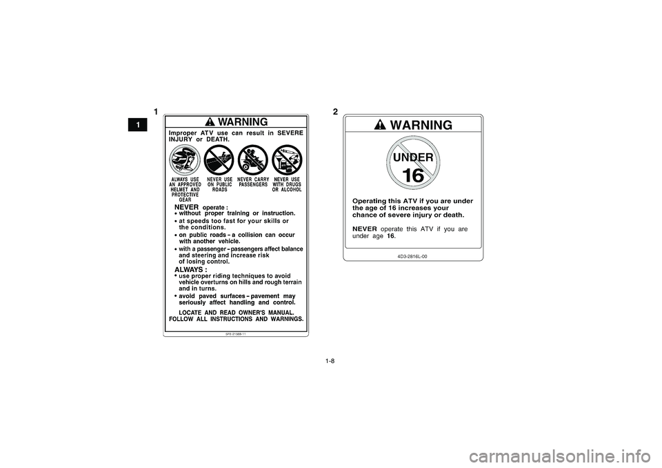 YAMAHA YFZ450R 2001  Notices Demploi (in French) 1-8
1
12U18P64F0.book  Page 8  Thursday, May 13, 2010  3:48 PM 
