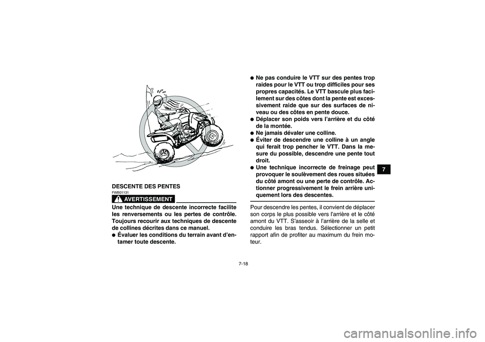 YAMAHA YFZ450R 2001 Notices Demploi (in French) 7-18
7
DESCENTE DES PENTES
AVERTISSEMENT
FWB01131Une technique de descente incorrecte facilite
les renversements ou les pertes de contrôle.
Toujours recourir aux techniques de descente
de collines d YAMAHA YFZ450R 2001 Notices Demploi (in French) 7-18
7
DESCENTE DES PENTES
AVERTISSEMENT
FWB01131Une technique de descente incorrecte facilite
les renversements ou les pertes de contrôle.
Toujours recourir aux techniques de descente
de collines d