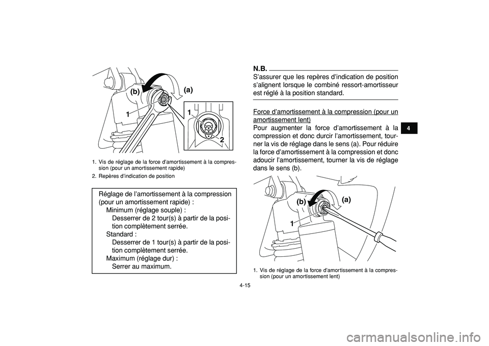 YAMAHA YFZ450R 2009 Notices Demploi (in French)
4-15
1
2
34
5
6
7
8
9
10
11
N.B.
S’assurer que les repères d’indication de position
s’alignent lorsque le combiné ressort-amortisseur
est réglé à la position standard.
Force d’amorti YAMAHA YFZ450R 2009 Notices Demploi (in French)
4-15
1
2
34
5
6
7
8
9
10
11
N.B.
S’assurer que les repères d’indication de position
s’alignent lorsque le combiné ressort-amortisseur
est réglé à la position standard.
Force d’amorti