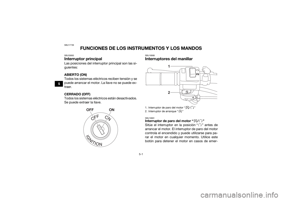 YAMAHA YFZ50 2021  Manuale de Empleo (in Spanish) 5-1
5
SBU17739
FUNCIONES DE LOS INSTRUMENTOS Y LOS MANDOS
SBU33850Interruptor principalLas posiciones del interruptor principal son las si-
guientes:
ABIERTO (ON)
Todos los sistemas eléctricos recibe