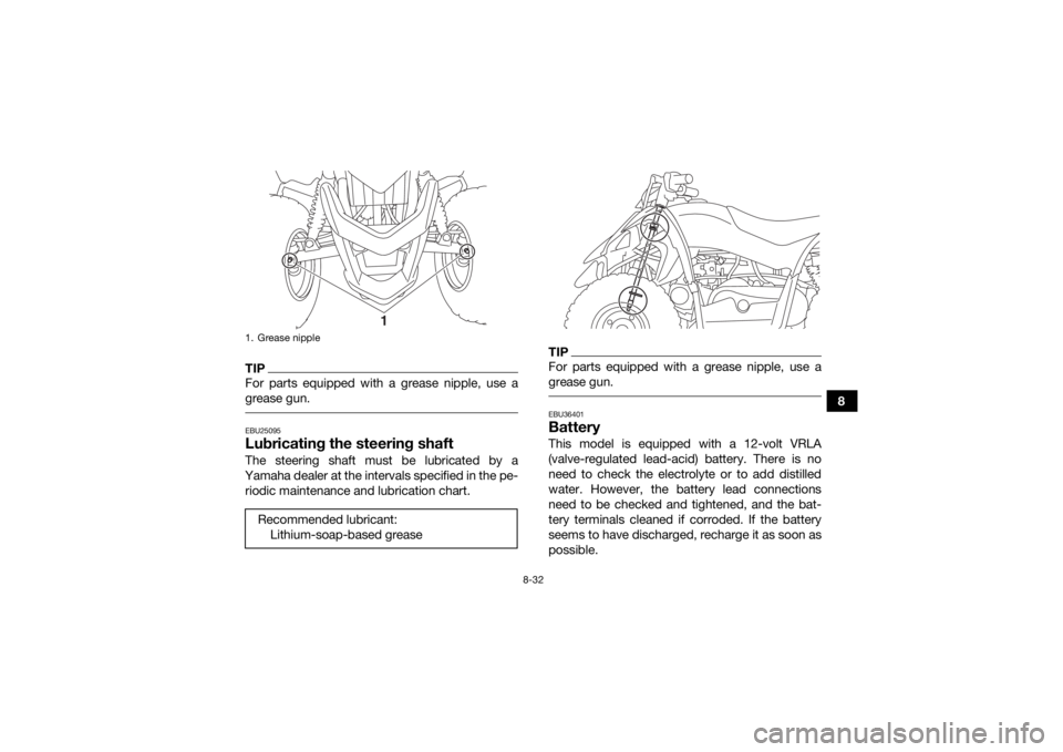YAMAHA YFZ50 2020  Owners Manual 8-32
8
TIPFor parts equipped with a grease nipple, use a
grease gun. EBU25095Lubricating the steering shaftThe steering shaft must be lubricated by a
Yamaha dealer at the intervals specified in the pe