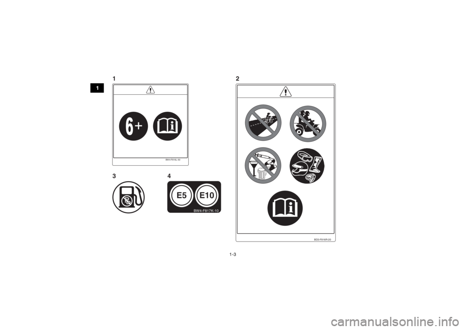 YAMAHA YFZ50 2020  Owners Manual 1-3
1
BD3-F816R-20
BW4-F816L-50
E10
E5
BW4-F817K-10
1
342
UBW463E0.book  Page 3  Monday, January 28, 2019  10:22 AM 