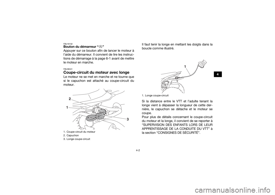 YAMAHA YFZ50 2020  Notices Demploi (in French) 4-2
4
FBU18102Bouton du démarreur “ ”
Appuyer sur ce bouton afin de lancer le moteur à
l’aide du démarreur. Il convient de lire les instruc-
tions de démarrage à la page 6-1 avant de mettre