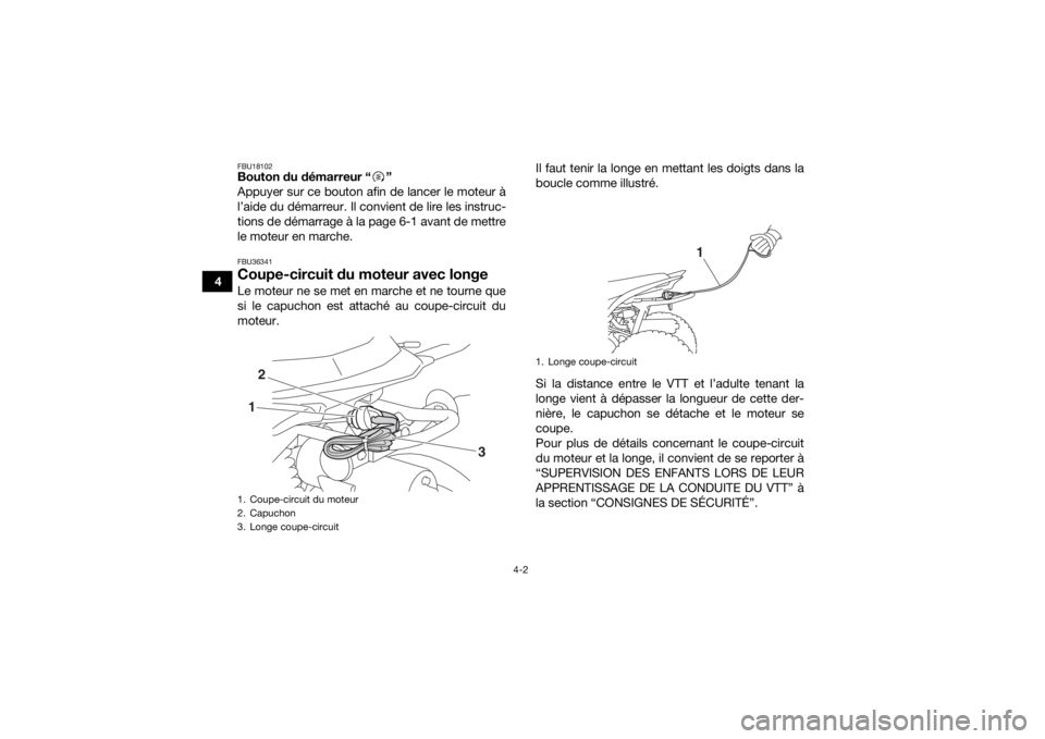 YAMAHA YFZ50 2017  Notices Demploi (in French) 4-2
4
FBU18102Bouton du démarreur “ ”
Appuyer sur ce bouton afin de lancer le moteur à
l’aide du démarreur. Il convient de lire les instruc-
tions de démarrage à la page 6-1 avant de mettre