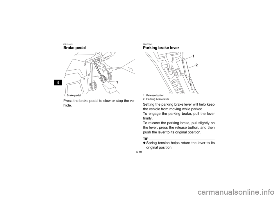 YAMAHA YXZ1000R 2021  Owners Manual 5-19
5
EBU31421Brake pedalPress the brake pedal to slow or stop the ve-
hicle.
EBU35642Parking brake leverSetting the parking brake lever will help keep
the vehicle from moving while parked.
To engage