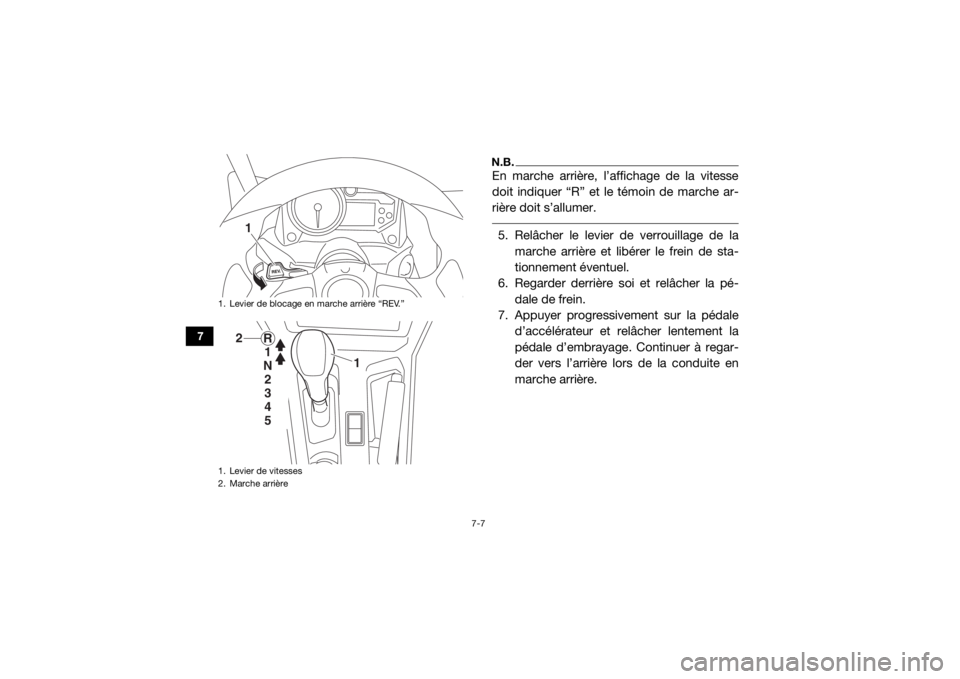 YAMAHA YXZ1000R 2021  Notices Demploi (in French) 7-7
7
N.B.En marche arrière, l’affichage de la vitesse
doit indiquer “R” et le témoin de marche ar-
rière doit s’allumer. 5. Relâcher le levier de verrouillage de lamarche arrière et lib