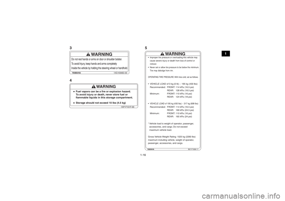 YAMAHA YXZ1000R SS 2018 Owners Manual 1-16
1
YAMAHA1XD-K8483-00
WARNING
Do not rest hands or arms on door or shoulder bolster.
To a void Inju ry, keep hands and arms completely
Inside the v ehicle by holding the steering wheel or hand YAMAHA YXZ1000R SS 2018 Owners Manual 1-16
1
YAMAHA1XD-K8483-00
WARNING
Do not rest hands or arms on door or shoulder bolster.
To a void Inju ry, keep hands and arms completely
Inside the v ehicle by holding the steering wheel or hand