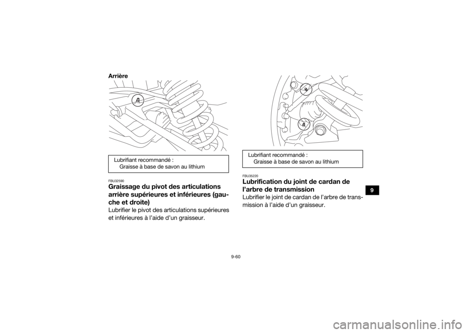 YAMAHA YXZ1000R SS 2020  Notices Demploi (in French) 9-60
9
ArrièreFBU32590Graissage du pivot des articulations 
arrière supérieures et inférieures (gau-
che et droite)Lubrifier le pivot des articulations supérieures
et inférieures à l’aide d