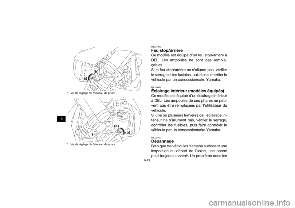 YAMAHA YXZ1000R SS 2020  Notices Demploi (in French) 9-73
9
FBU37910Feu stop/arrièreCe modèle est équipé d’un feu stop/arrière à
DEL. Les ampoules ne sont pas rempla-
çables.
Si le feu stop/arrière ne s’allume pas, vérifier
le serrage et le