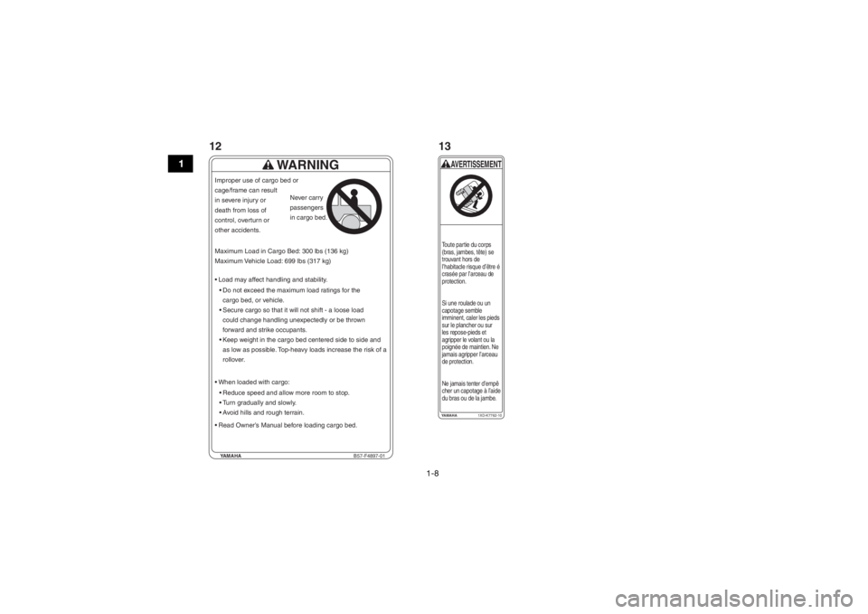 YAMAHA YXZ1000R SS 2017 Notices Demploi (in French) 1-8
1
YAMAHA1XD-K7762-10AVERTISSEMENTToute partie du corps
(bras, jambes, tête) se
trouvant hors de
l’habitacle risque d’être é
crasée par l’arceau de
protection.
Si une roulade ou un YAMAHA YXZ1000R SS 2017 Notices Demploi (in French) 1-8
1
YAMAHA1XD-K7762-10AVERTISSEMENTToute partie du corps
(bras, jambes, tête) se
trouvant hors de
l’habitacle risque d’être é
crasée par l’arceau de
protection.
Si une roulade ou un