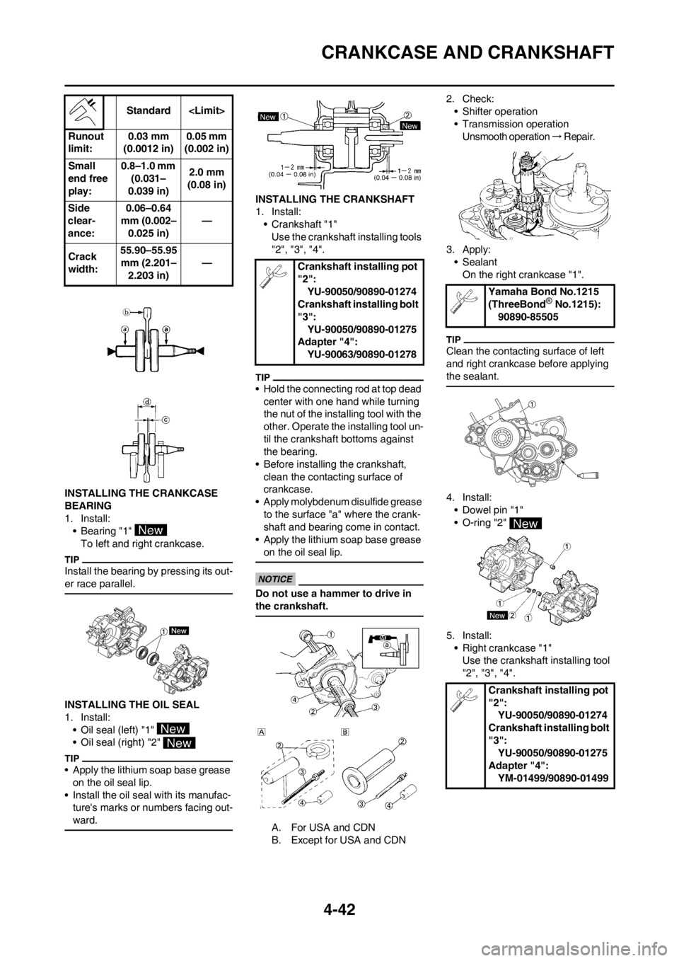 YAMAHA YZ125LC 2013 Owners Manual 4-42
CRANKCASE AND CRANKSHAFT
INSTALLING THE CRANKCASE
BEARING
1. Install:
• Bearing "1"
To left and right crankcase.
Install the bearing by pressing its out-
er race parallel.
INSTALLING THE OIL YAMAHA YZ125LC 2013 Owners Manual 4-42
CRANKCASE AND CRANKSHAFT
INSTALLING THE CRANKCASE
BEARING
1. Install:
• Bearing "1"
To left and right crankcase.
Install the bearing by pressing its out-
er race parallel.
INSTALLING THE OIL