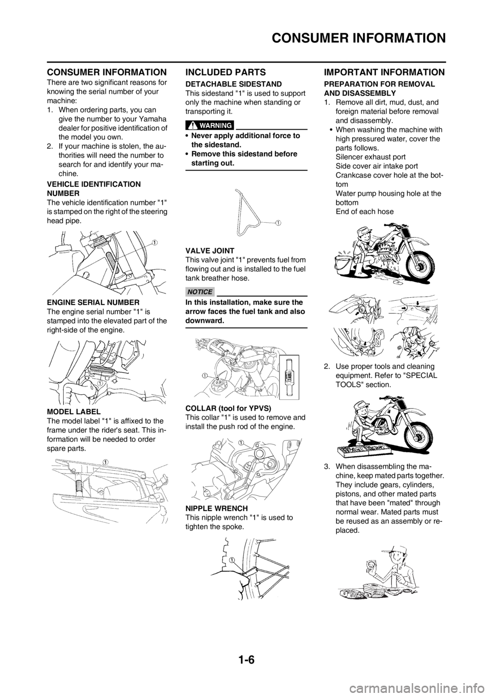 YAMAHA YZ125LC 2013 Owners Manual 1-6
CONSUMER INFORMATION
CONSUMER INFORMATION
There are two significant reasons for
knowing the serial number of your
machine:
1. When ordering parts, you can
give the number to your Yamaha
dealer YAMAHA YZ125LC 2013 Owners Manual 1-6
CONSUMER INFORMATION
CONSUMER INFORMATION
There are two significant reasons for
knowing the serial number of your
machine:
1. When ordering parts, you can
give the number to your Yamaha
dealer