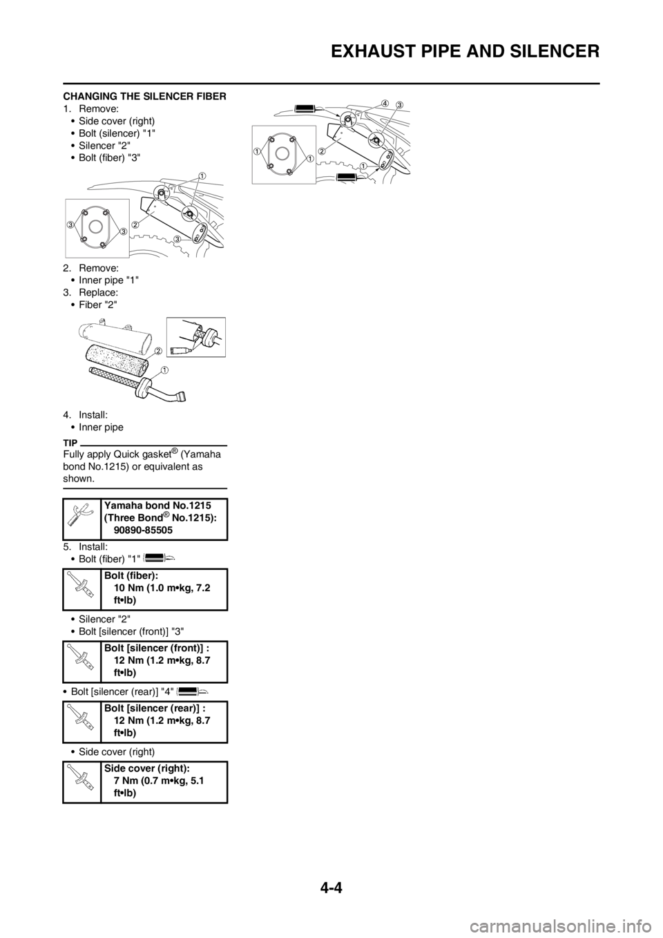 YAMAHA YZ125LC 2013  Owners Manual 4-4
EXHAUST PIPE AND SILENCER
CHANGING THE SILENCER FIBER
1. Remove:
• Side cover (right)
• Bolt (silencer) "1"
• Silencer "2"
• Bolt (fiber) "3"
2. Remove:
• Inner pipe "1"
3. Replace:
• 