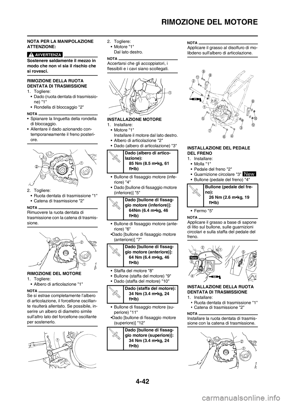 YAMAHA YZ125LC 2013  Manuale duso (in Italian) 4-42
RIMOZIONE DEL MOTORE
NOTA PER LA MANIPOLAZIONE 
ATTENZIONE:
Sostenere saldamente il mezzo in 
modo che non vi sia il rischio che 
si rovesci.
RIMOZIONE DELLA RUOTA 
DENTATA DI TRASMISSIONE
1. Tog