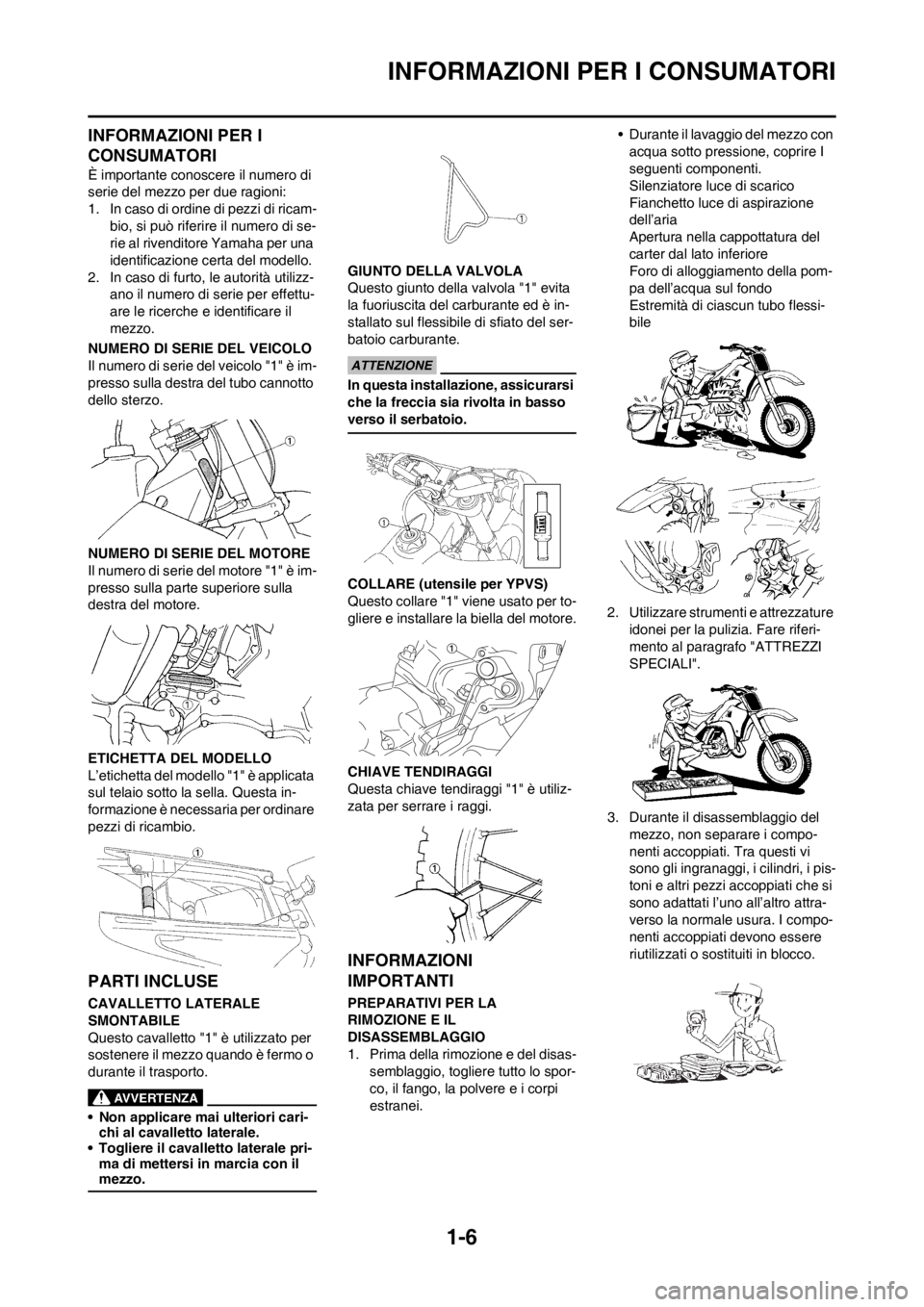 YAMAHA YZ125LC 2013 Manuale duso (in Italian) 1-6
INFORMAZIONI PER I CONSUMATORI
INFORMAZIONI PER I
CONSUMATORI
È importante conoscere il numero di
serie del mezzo per due ragioni:
1. In caso di ordine di pezzi di ricam-
bio, si può riferire YAMAHA YZ125LC 2013 Manuale duso (in Italian) 1-6
INFORMAZIONI PER I CONSUMATORI
INFORMAZIONI PER I
CONSUMATORI
È importante conoscere il numero di
serie del mezzo per due ragioni:
1. In caso di ordine di pezzi di ricam-
bio, si può riferire