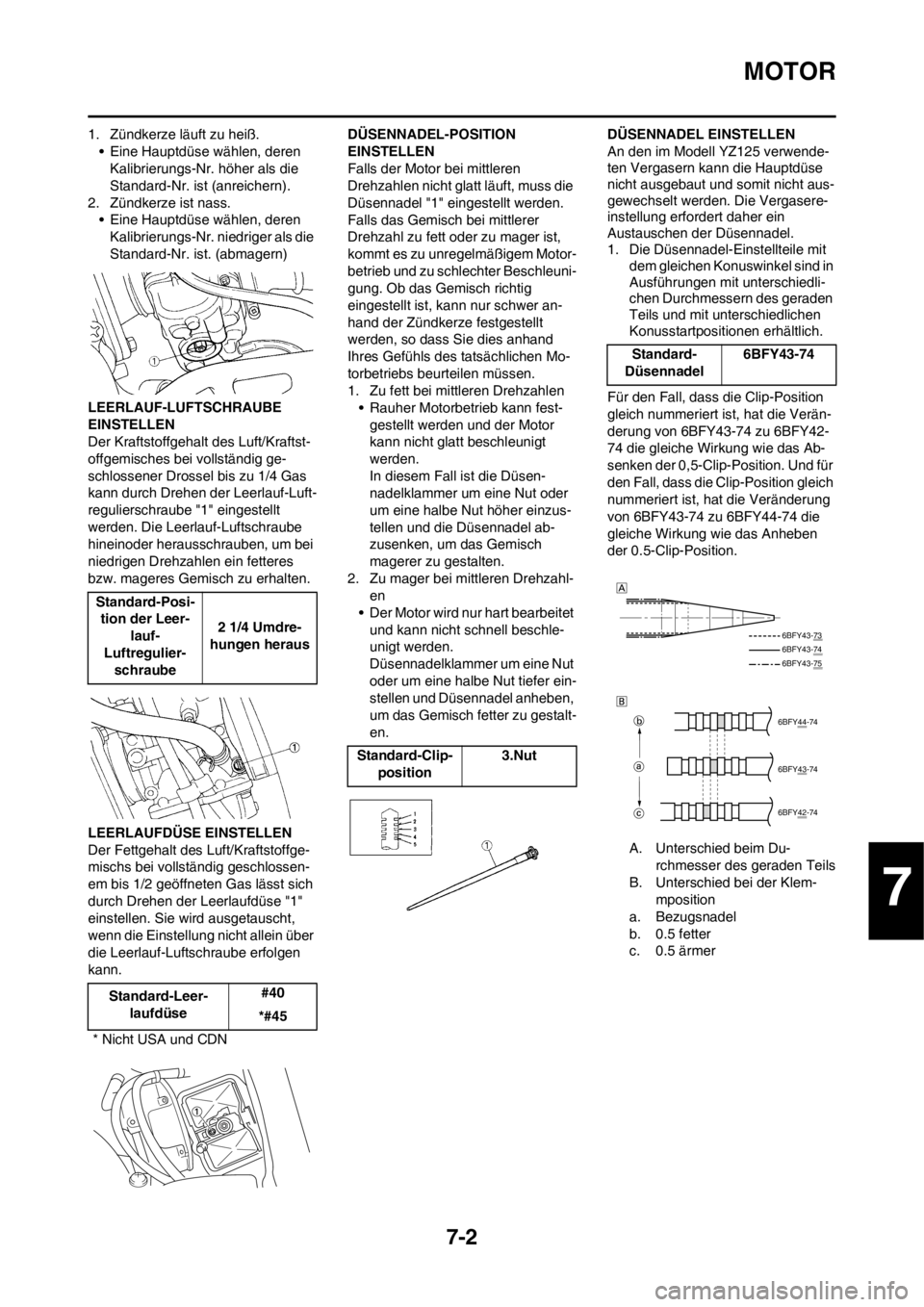 YAMAHA YZ125LC 2012 Notices Demploi (in French) 7-2
MOTOR
1. Zündkerze läuft zu heiß.• Eine Hauptdüse wählen, deren Kalibrierungs-Nr. höher als die
Standard-Nr. ist (anreichern).
2. Zündkerze ist nass. • Eine Hauptdüse wählen, deren K YAMAHA YZ125LC 2012 Notices Demploi (in French) 7-2
MOTOR
1. Zündkerze läuft zu heiß.• Eine Hauptdüse wählen, deren Kalibrierungs-Nr. höher als die
Standard-Nr. ist (anreichern).
2. Zündkerze ist nass. • Eine Hauptdüse wählen, deren K