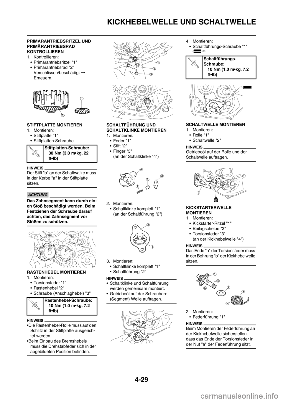 YAMAHA YZ125LC 2012 Notices Demploi (in French) 4-29
KICKHEBELWELLE UND SCHALTWELLE
PRIMÄRANTRIEBSRITZEL UND
PRIMÄRANTRIEBSRAD
KONTROLLIEREN
1. Kontrollieren:
• Primärantriebsritzel "1"
• Primärantriebsrad "2"
Verschlissen/beschädigt→
YAMAHA YZ125LC 2012 Notices Demploi (in French) 4-29
KICKHEBELWELLE UND SCHALTWELLE
PRIMÄRANTRIEBSRITZEL UND
PRIMÄRANTRIEBSRAD
KONTROLLIEREN
1. Kontrollieren:
• Primärantriebsritzel "1"
• Primärantriebsrad "2"
Verschlissen/beschädigt→