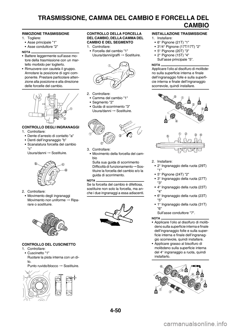 YAMAHA YZ125LC 2012  Manuale duso (in Italian) 4-50
TRASMISSIONE, CAMMA DEL CAMBIO E FORCELLA DEL
CAMBIO
RIMOZIONE TRASMISSIONE
1. Togliere:
• Asse principale "1"
• Asse conduttore "2"
• Battere leggermente sull’asse mo-
tore della trasmis