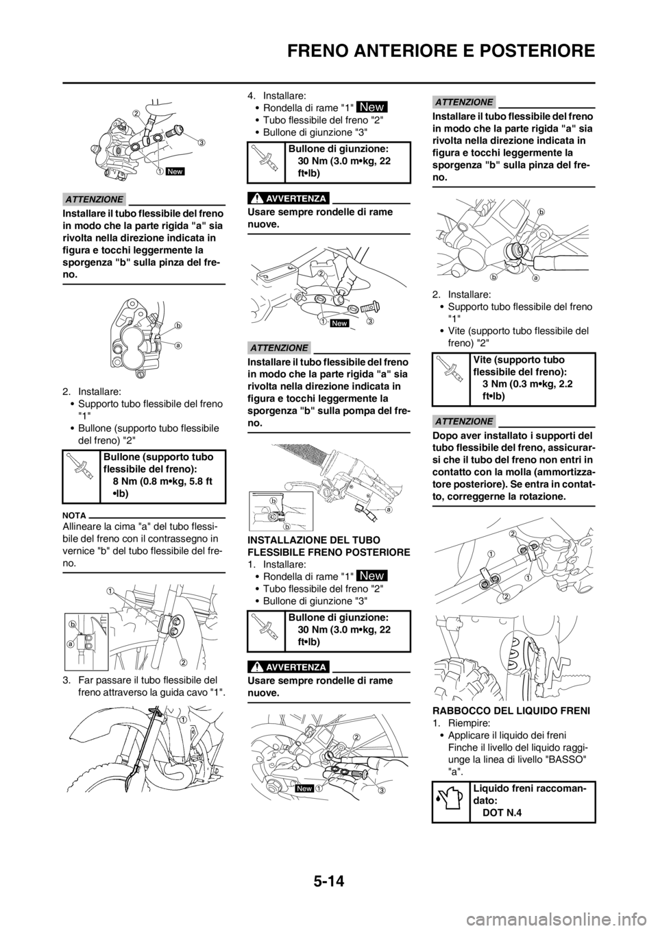 YAMAHA YZ125LC 2012  Manuale duso (in Italian) 5-14
FRENO ANTERIORE E POSTERIORE
Installare il tubo flessibile del freno 
in modo che la parte rigida "a" sia 
rivolta nella direzione indicata in 
figura e tocchi leggermente la 
sporgenza "b" sulla