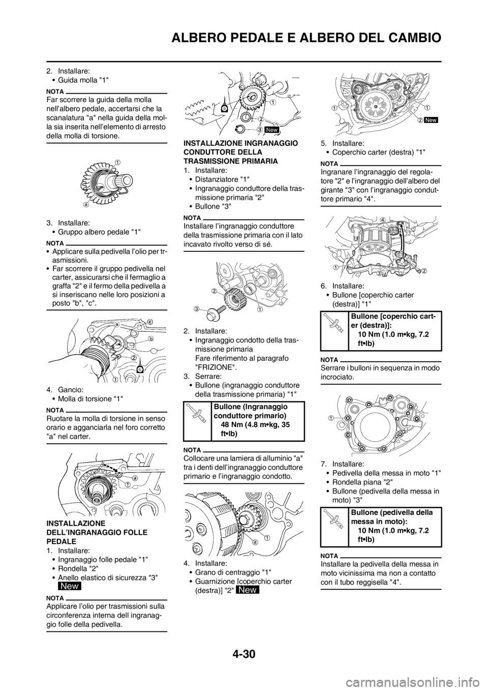 YAMAHA YZ125LC 2012  Manuale duso (in Italian) 4-30
ALBERO PEDALE E ALBERO DEL CAMBIO
2. Installare:
• Guida molla "1"
Far scorrere la guida della molla 
nell’albero pedale, accertarsi che la 
scanalatura "a" nella guida della mol-
la sia inse