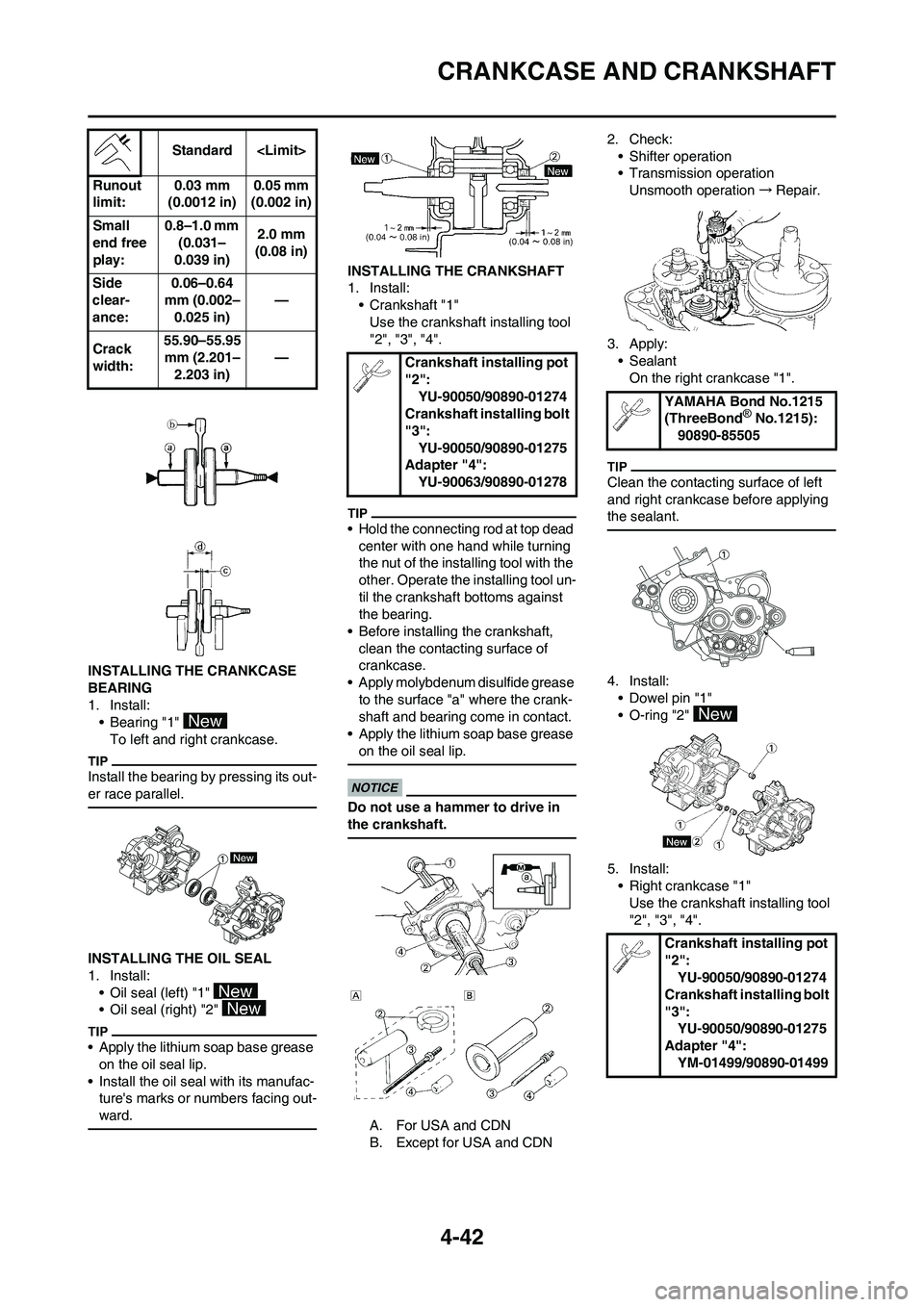 YAMAHA YZ125LC 2011  Owners Manual 4-42
CRANKCASE AND CRANKSHAFT
INSTALLING THE CRANKCASE 
BEARING
1. Install:
• Bearing "1" 
To left and right crankcase.
Install the bearing by pressing its out-
er race parallel.
INSTALLING THE OIL 