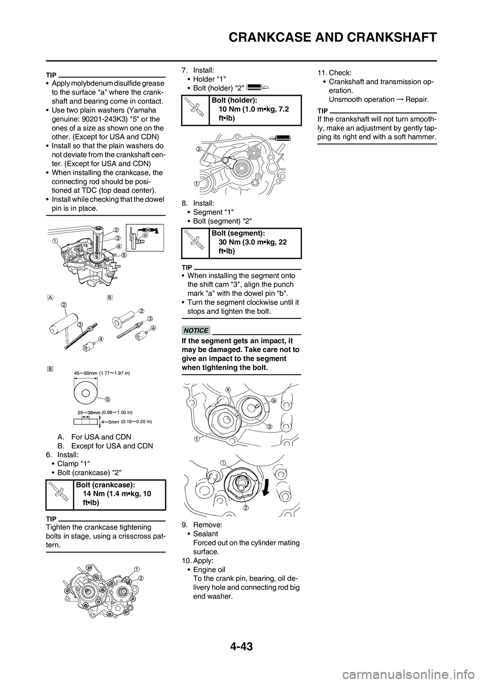 YAMAHA YZ125LC 2011  Owners Manual 4-43
CRANKCASE AND CRANKSHAFT
• Apply molybdenum disulfide grease 
to the surface "a" where the crank-
shaft and bearing come in contact.
• Use two plain washers (Yamaha 
genuine: 90201-243K3) "5"