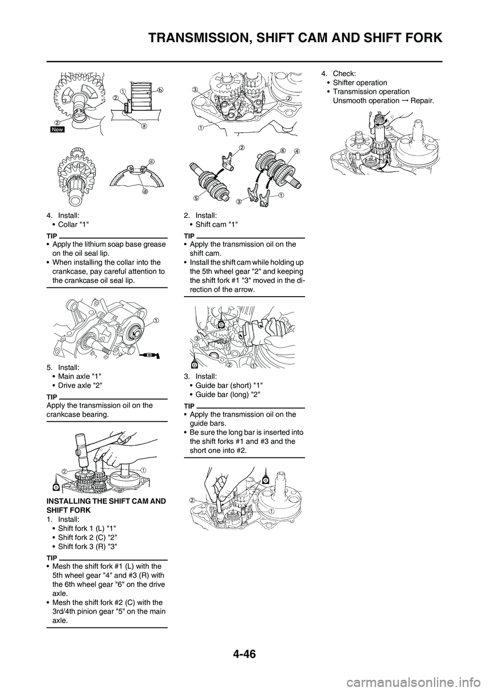 YAMAHA YZ125LC 2011  Owners Manual 4-46
TRANSMISSION, SHIFT CAM AND SHIFT FORK
4. Install:
•Collar "1"
• Apply the lithium soap base grease 
on the oil seal lip.
• When installing the collar into the 
crankcase, pay careful atten