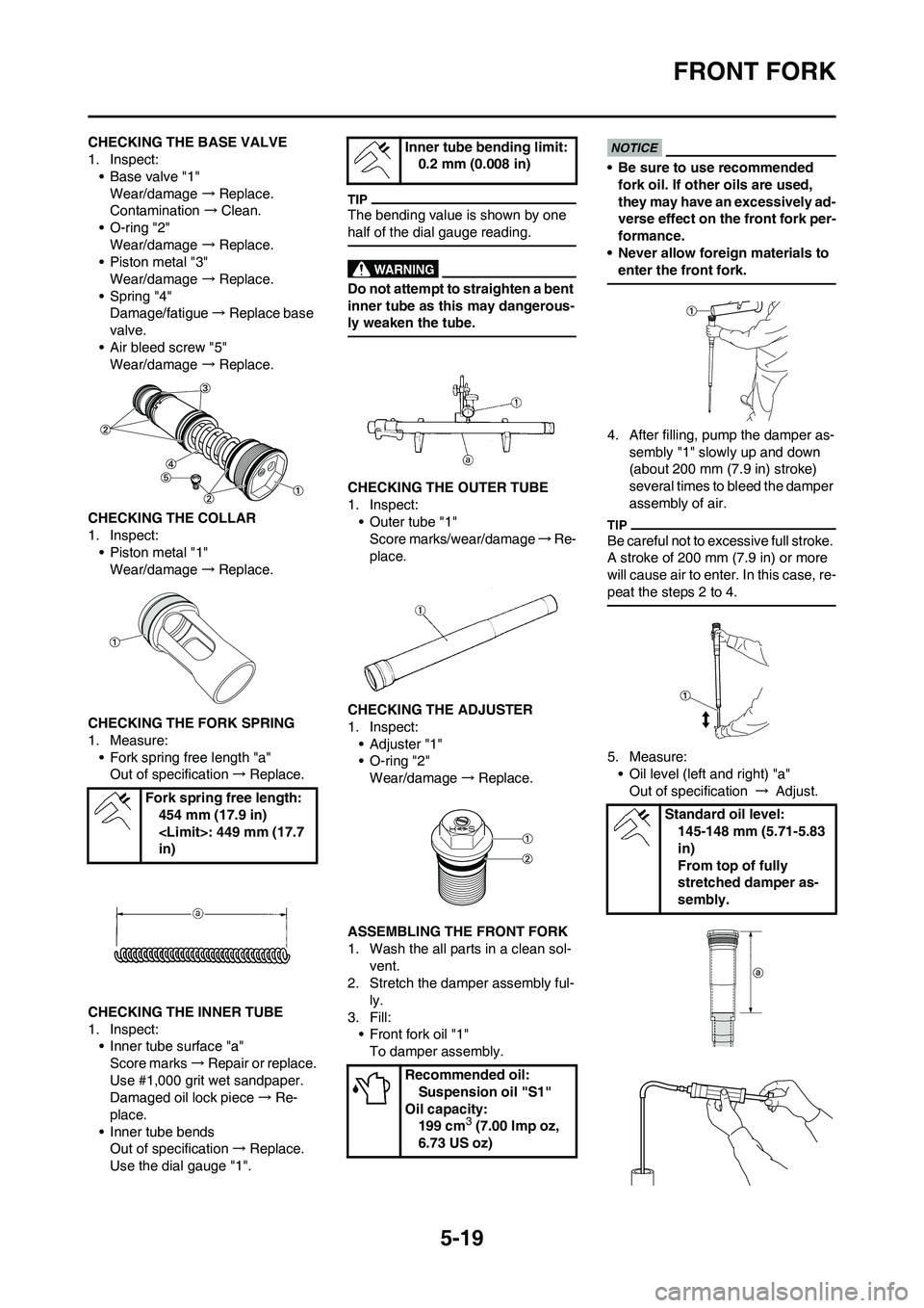 YAMAHA YZ125LC 2011  Owners Manual 5-19
FRONT FORK
CHECKING THE BASE VALVE
1. Inspect:
• Base valve "1"
Wear/damage →Replace.
Contamination →Clean.
• O-ring "2"
Wear/damage →Replace.
• Piston metal "3"
Wear/damage →Replac