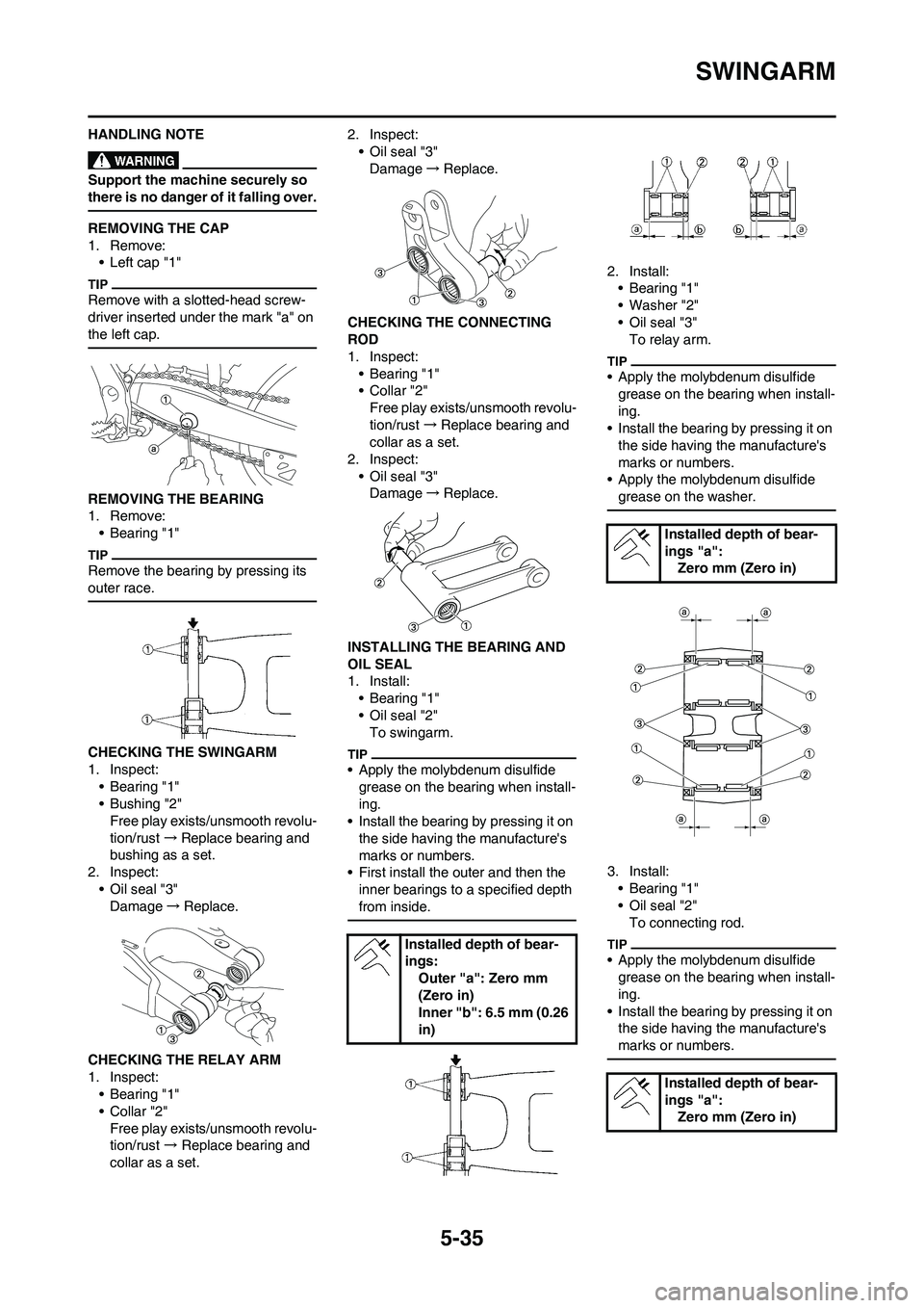 YAMAHA YZ125LC 2011  Owners Manual 5-35
SWINGARM
HANDLING NOTE
Support the machine securely so 
there is no danger of it falling over.
REMOVING THE CAP
1. Remove:
• Left cap "1"
Remove with a slotted-head screw-
driver inserted under