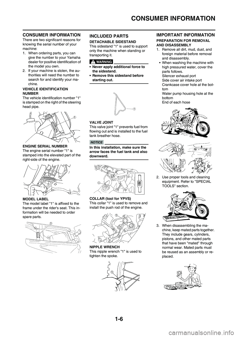 YAMAHA YZ125LC 2011  Owners Manual 1-6
CONSUMER INFORMATION
CONSUMER INFORMATION
There are two significant reasons for 
knowing the serial number of your 
machine:
1. When ordering parts, you can 
give the number to your Yamaha 
dealer