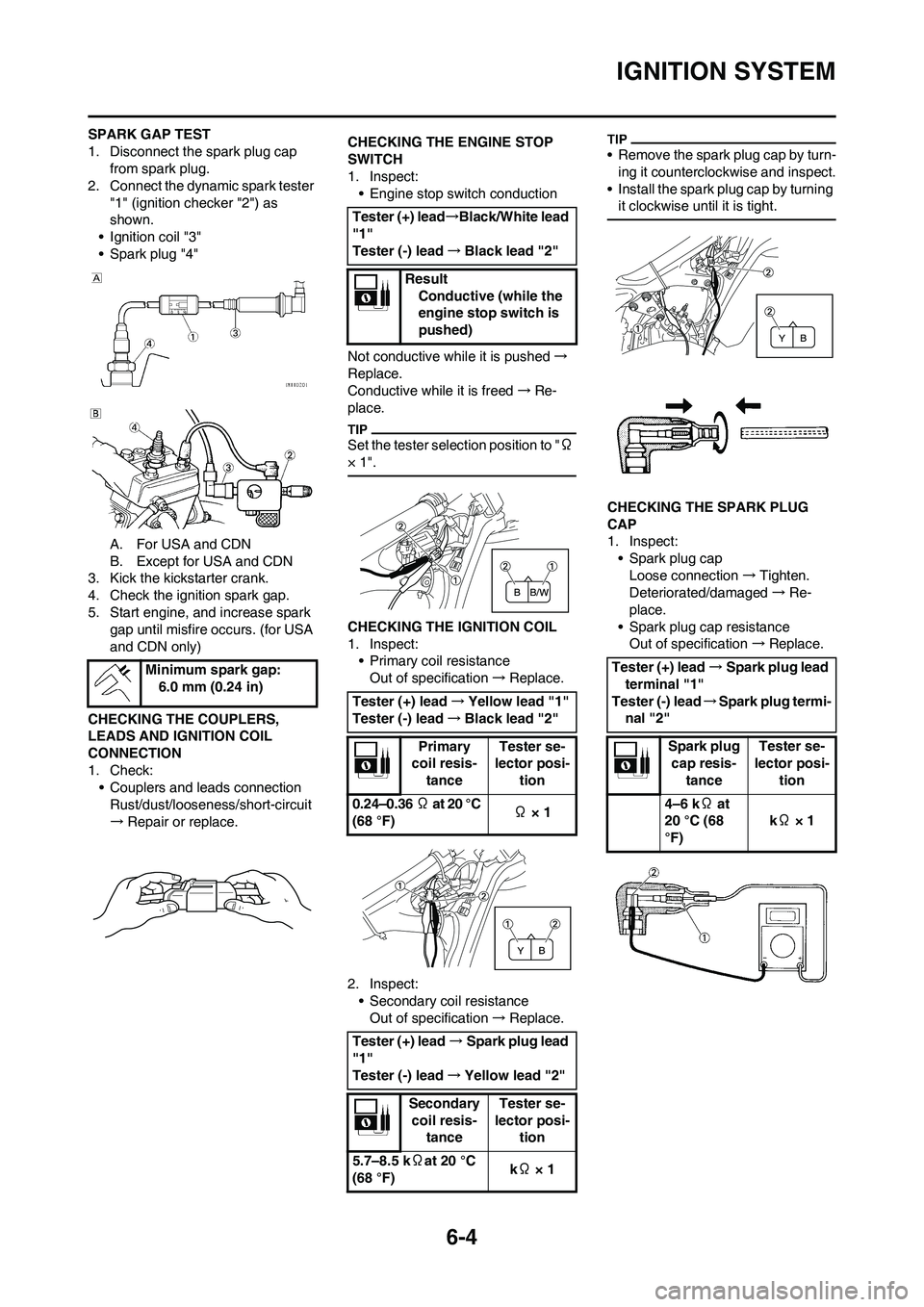 YAMAHA YZ125LC 2011  Owners Manual 6-4
IGNITION SYSTEM
SPARK GAP TEST
1. Disconnect the spark plug cap 
from spark plug.
2. Connect the dynamic spark tester 
"1" (ignition checker "2") as 
shown.
• Ignition coil "3"
• Spark plug "4