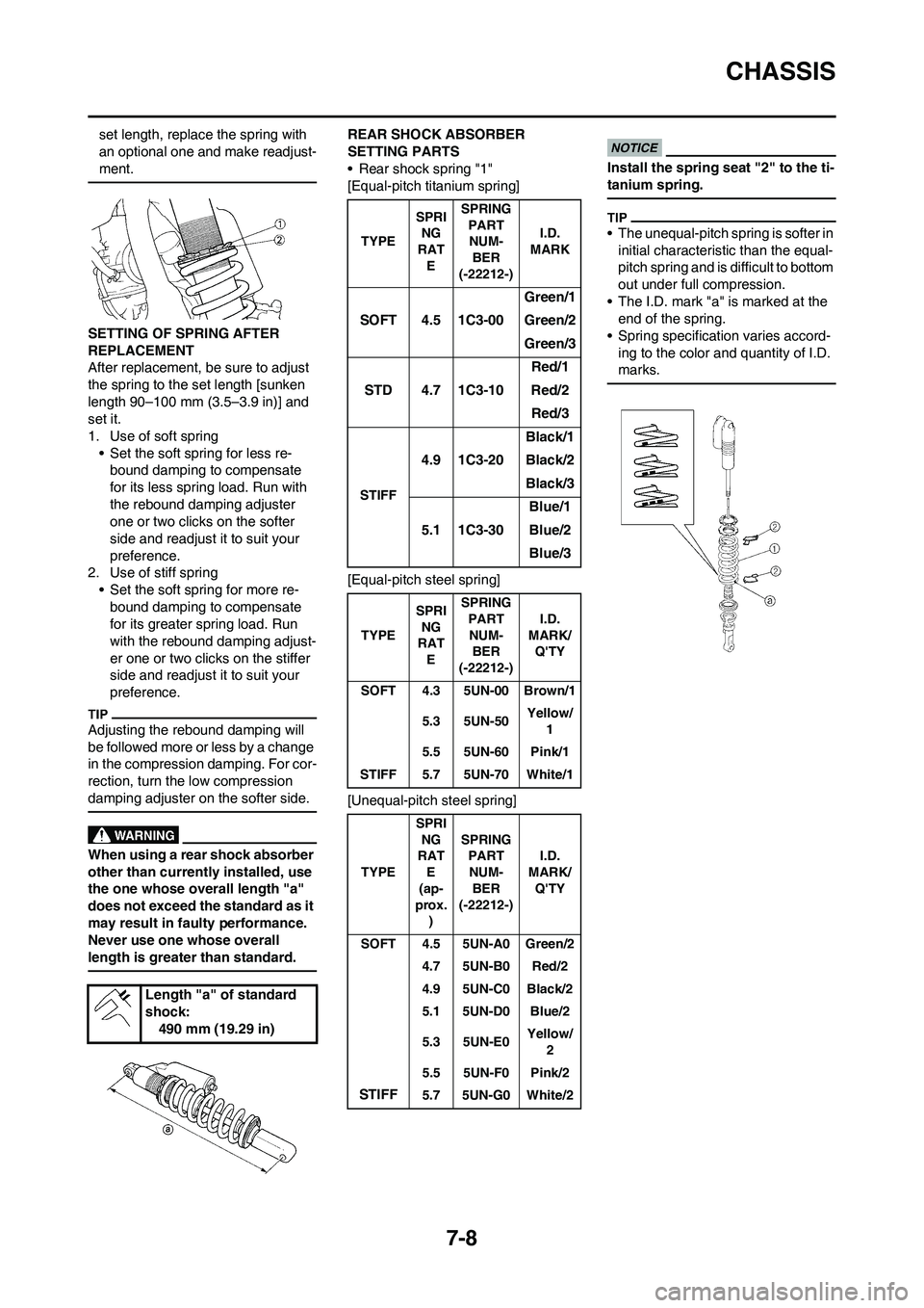 YAMAHA YZ125LC 2011  Owners Manual 7-8
CHASSIS
set length, replace the spring with 
an optional one and make readjust-
ment.
SETTING OF SPRING AFTER 
REPLACEMENT
After replacement, be sure to adjust 
the spring to the set length [sunke