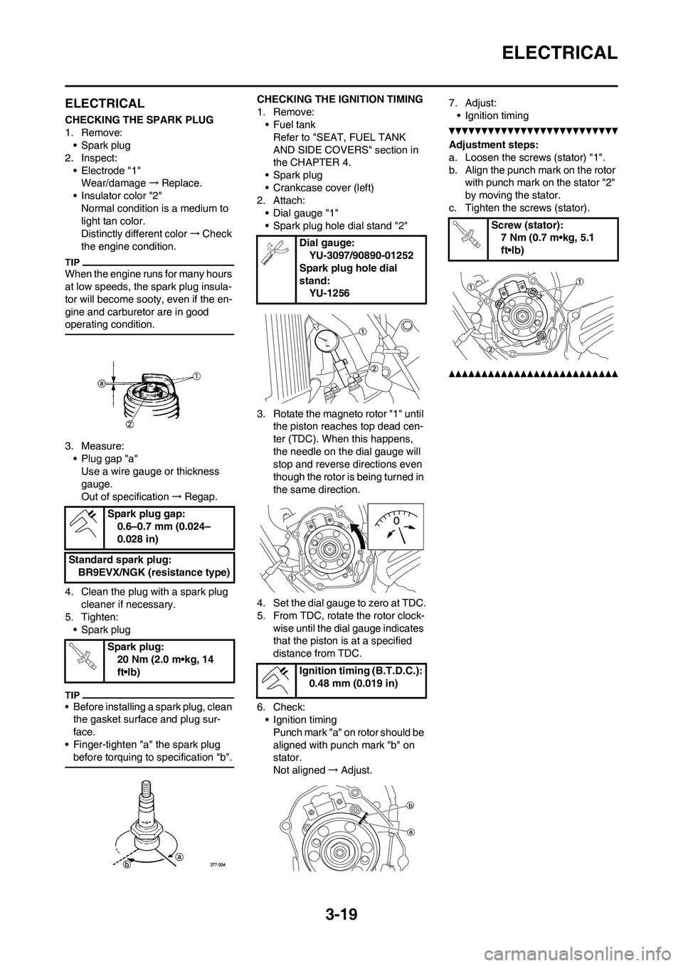 YAMAHA YZ125LC 2011  Owners Manual 3-19
ELECTRICAL
ELECTRICAL
CHECKING THE SPARK PLUG
1. Remove:
• Spark plug
2. Inspect:
• Electrode "1"
Wear/damage→Replace.
• Insulator color "2"
Normal condition is a medium to 
light tan col