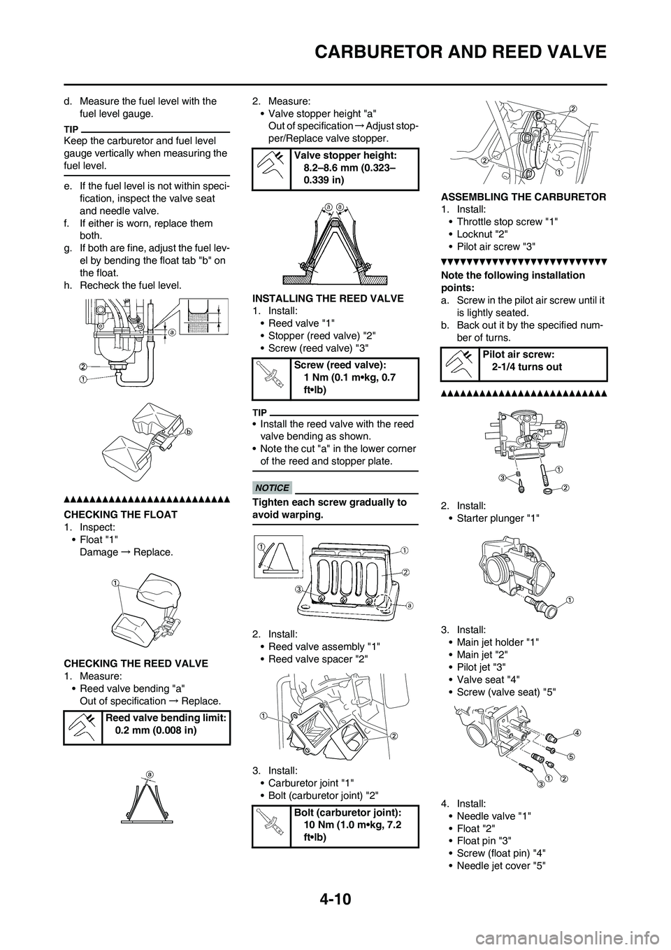 YAMAHA YZ125LC 2011  Owners Manual 4-10
CARBURETOR AND REED VALVE
d. Measure the fuel level with the 
fuel level gauge.
Keep the carburetor and fuel level 
gauge vertically when measuring the 
fuel level.
e. If the fuel level is not wi