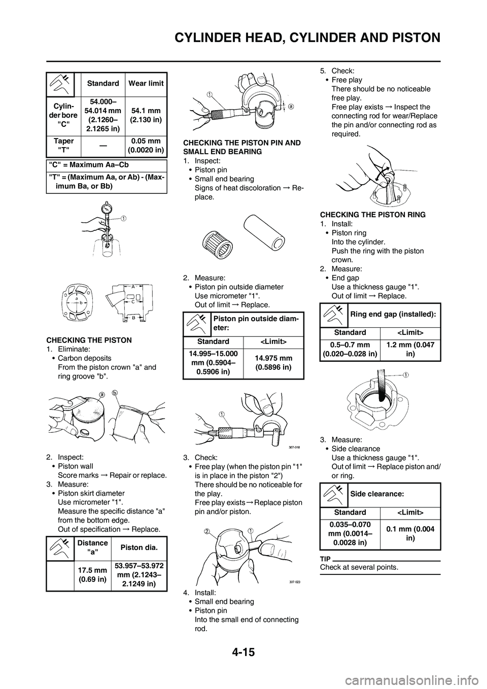 YAMAHA YZ125LC 2011  Owners Manual 4-15
CYLINDER HEAD, CYLINDER AND PISTON
CHECKING THE PISTON
1. Eliminate:
• Carbon deposits
From the piston crown "a" and 
ring groove "b".
2. Inspect:
• Piston wall
Score marks→Repair or replac