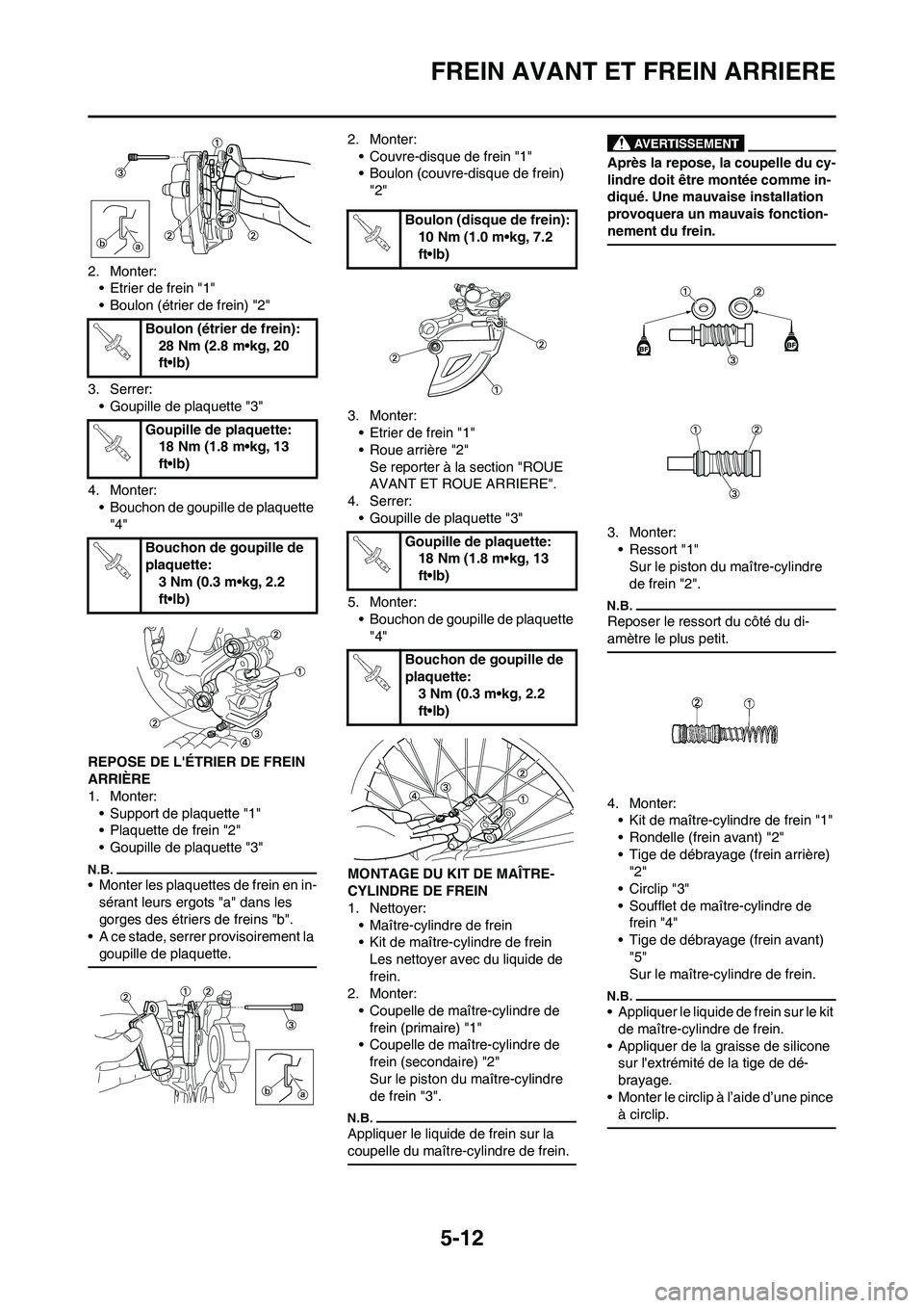 YAMAHA YZ125LC 2011  Notices Demploi (in French) 5-12
FREIN AVANT ET FREIN ARRIERE
2. Monter:
• Etrier de frein "1"
• Boulon (étrier de frein) "2"
3. Serrer:
• Goupille de plaquette "3"
4. Monter:
• Bouchon de goupille de plaquette 
"4"
REP