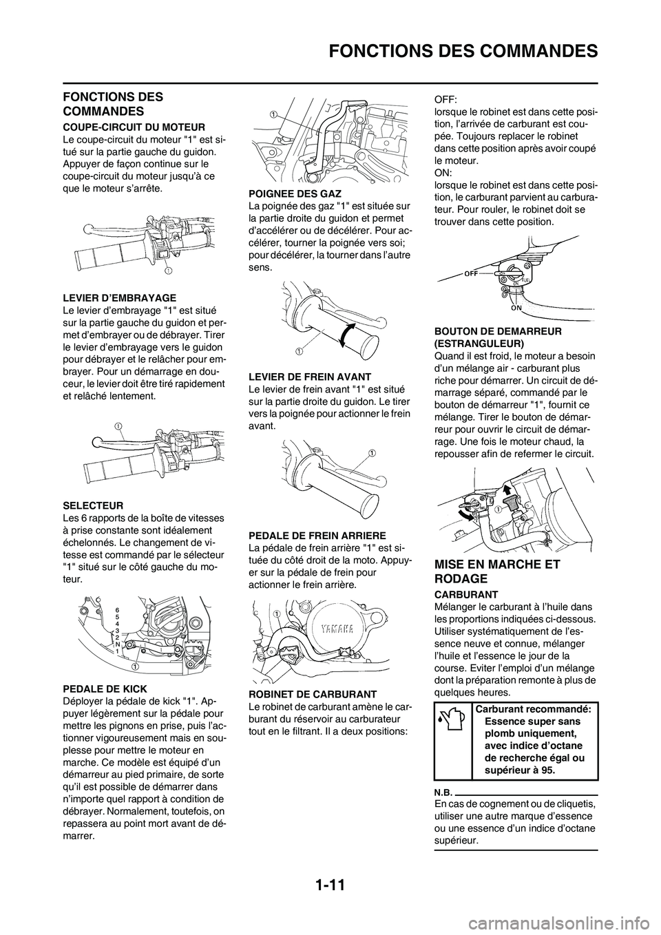 YAMAHA YZ125LC 2011  Notices Demploi (in French) 1-11
FONCTIONS DES COMMANDES
FONCTIONS DES 
COMMANDES
COUPE-CIRCUIT DU MOTEUR
Le coupe-circuit du moteur "1" est si-
tué sur la partie gauche du guidon. 
Appuyer de façon continue sur le 
coupe-circ