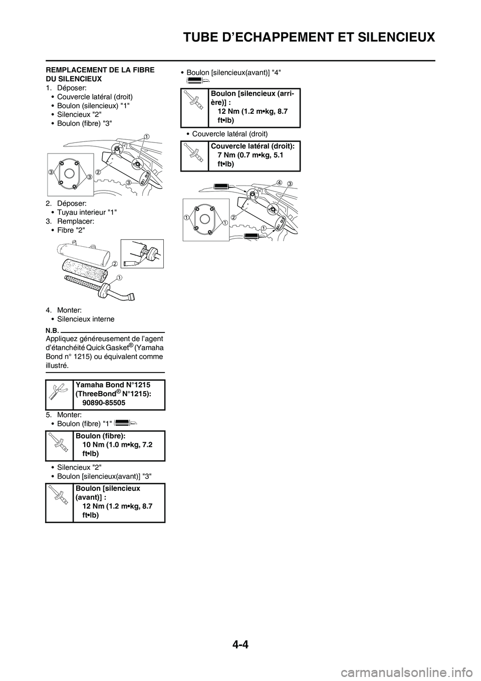YAMAHA YZ125LC 2011  Notices Demploi (in French) 
4-4
TUBE D’ECHAPPEMENT ET SILENCIEUX
REMPLACEMENT DE LA FIBRE 
DU SILENCIEUX
1. Déposer:• Couvercle latéral (droit)
• Boulon (silencieux) "1"
• Silencieux "2"
• Boulon (fibre) "3"
2. Dép